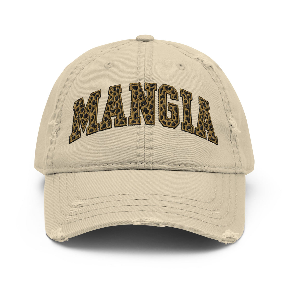 Mangia leopard print distressed dad hat, front view
