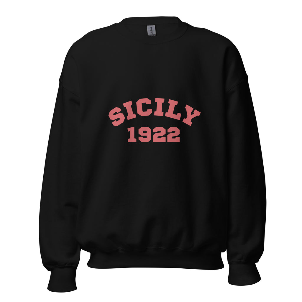 Black crewneck sweatshirt with red Sicily 1922 varsity lettering, front view