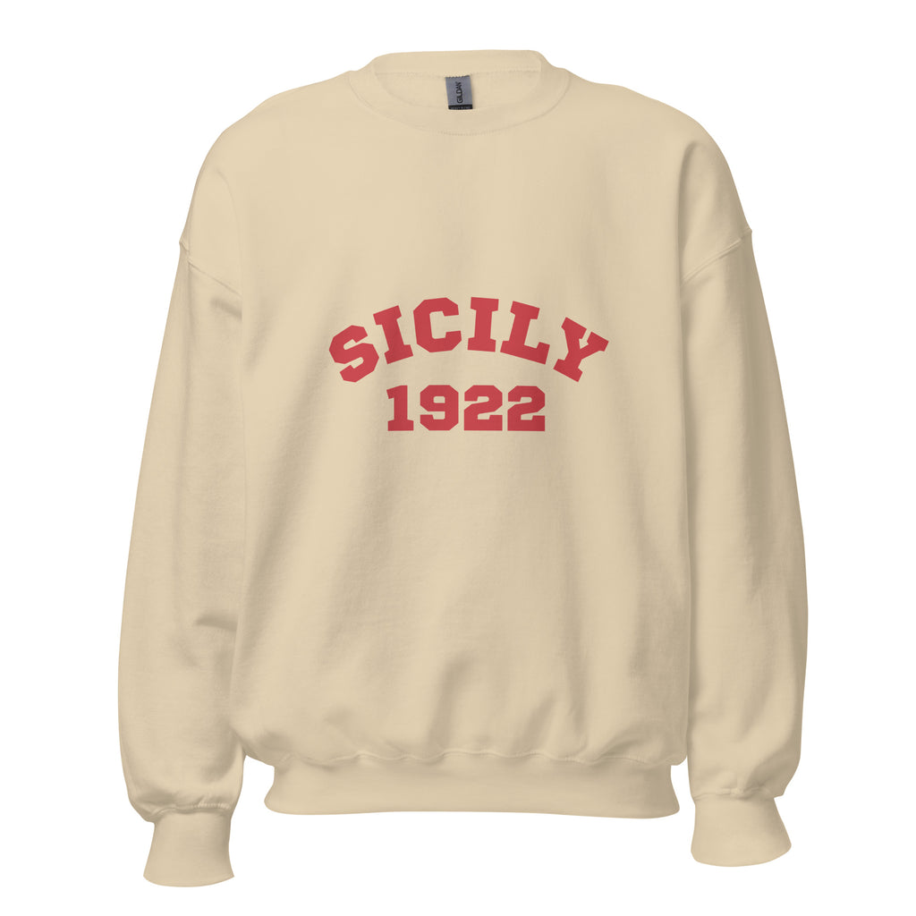 Sand crewneck sweatshirt with red Sicily 1922 varsity lettering, front view