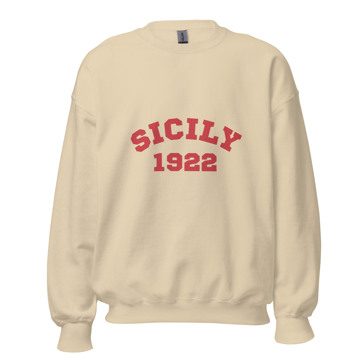 Sand crewneck sweatshirt with red Sicily 1922 varsity lettering, front view